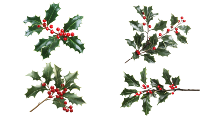 High-quality illustration of holly leaves and red berries, perfect for Christmas decorations and seasonal designs.