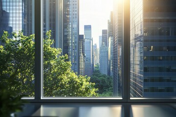 A view of the city from an office window, with skyscrapers and green trees outside. The sunlight reflects on the glass walls, creating beautiful light effects. 