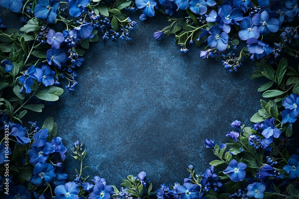 Wall mural a stunning arrangement of blue flowers on a rich dark background, perfect for adding a touch of eleg