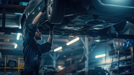 A skilled mechanic inspects and repairs a vehicle positioned on a hoist in a well-lit auto repair shop at night. Generative AI