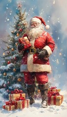 A cheerful Santa Claus holds gifts in front of a beautifully decorated Christmas tree amidst falling snow, capturing the magic of the holiday season.