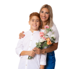 Smiling boy giving flowers to his mother isolated over transparent background.