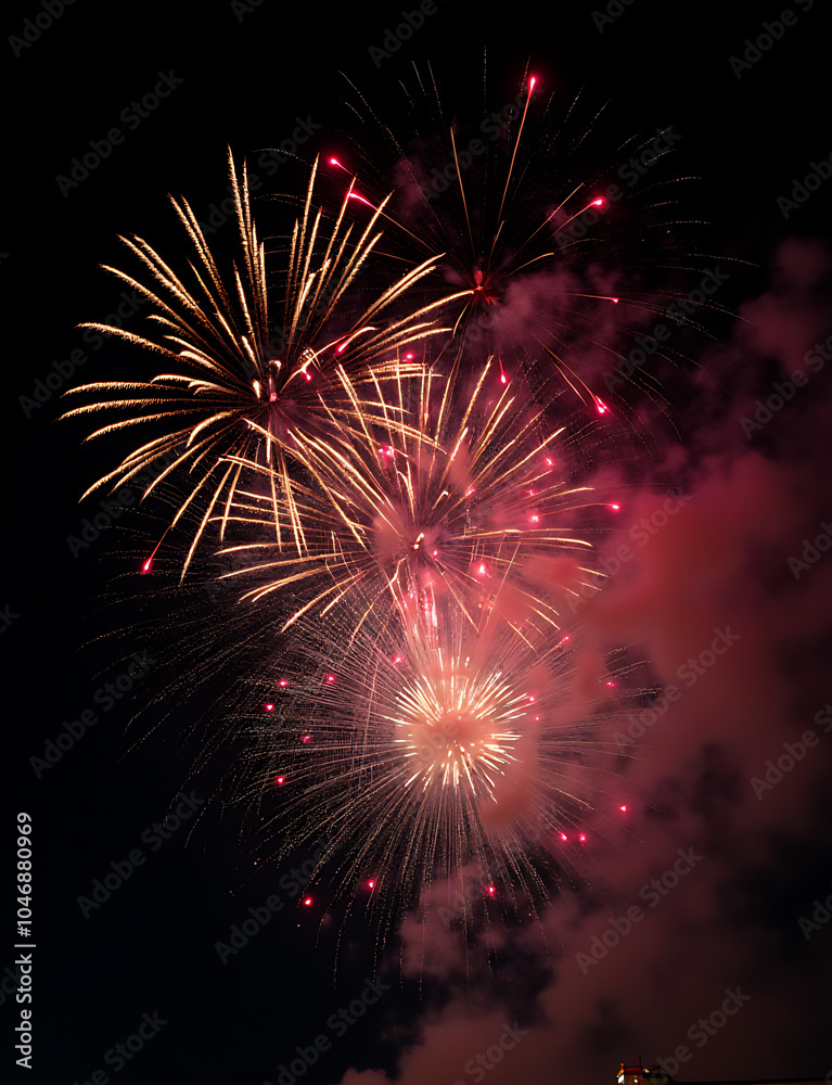 Poster Dark sky is filled with colorful fireworks exploding in a chaotic display of light and sound.