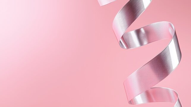 A sleek 3D rendering of a single silver streamer spiraling on a soft pastel pink background, perfect for minimalistic New Years Eve event designs and invitations