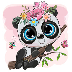 Cute Cartoon Panda with flowers
