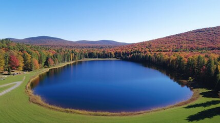 Naklejka premium A peaceful drone shot of a tranquil lake surrounded by autumn foliage, showcasing nature beauty.