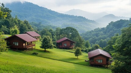 Obraz premium A peaceful mountain retreat with cozy lodges and stunning views, inviting travelers to unwind and connect with nature.