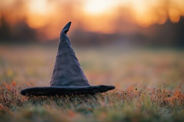 Fototapeta premium A Witch's Hat Resting in a Field of Grass at Sunset