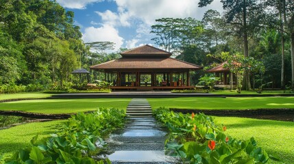 A peaceful spiritual retreat set in a tranquil environment, with visitors practicing yoga or meditation surrounded by nature.