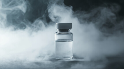 Glass vial with liquid inside surrounded by dry ice smoke. Science, laboratory, research, and medicine concept