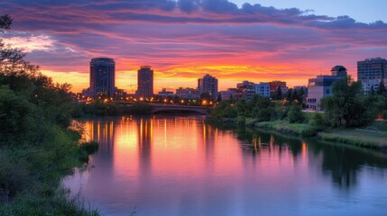 Fototapeta premium A picturesque cityscape at sunset, with vibrant colors painting the sky and silhouetted buildings creating a dramatic skyline, reflecting on a calm river.