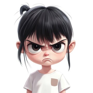 Little girl with black hair frowning and showing anger