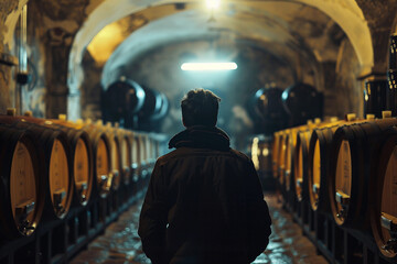 Generative AI view of a man exploring a dimly lit distillery