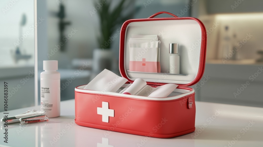 Wall mural bright red first aid kit on a clean countertop