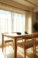 bright and elegant minimalist dining setup featuring wooden table and chairs, bathed in soft natural light. serene atmosphere is enhanced by sheer curtains and small plant
