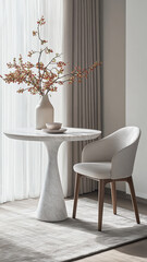 minimalist round table with comfortable chair, adorned with vase of flowers, creates serene and elegant dining space. soft colors and textures enhance calming atmosphere