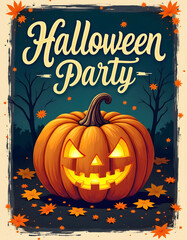 Halloween Party Calligraphic Title Aesthetic Poster, pumpkin with bright, glowing eyes.
