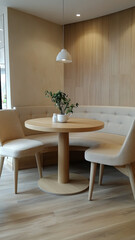 Minimalist round table with comfortable seating in cozy interior. soft tones and natural materials create serene atmosphere, perfect for relaxation or casual dining