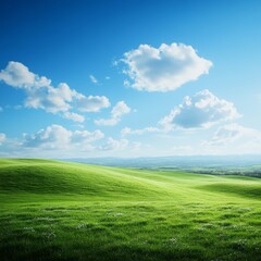 Fototapeta premium Idyllic Green Hills Under a Blue Sky with Fluffy White Clouds, Springtime Nature Landscape