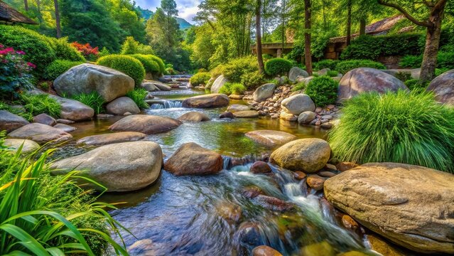 Tranquil creek bed with boulder and green plant at amusement park Dollywood