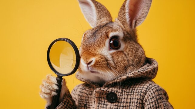 Detective rabbit wearing a checkered coat and holding a magnifying glass