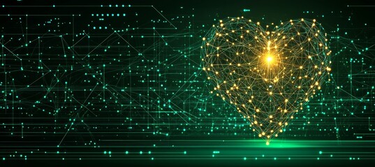 Glowing Heart of Geometric Lines Connecting Passion and Technology on a Dark Green Background