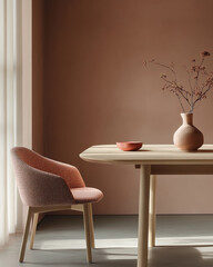 Minimalist Scandinavian style table with cozy chair, featuring vase and bowl. warm tones create serene atmosphere, perfect for modern interiors