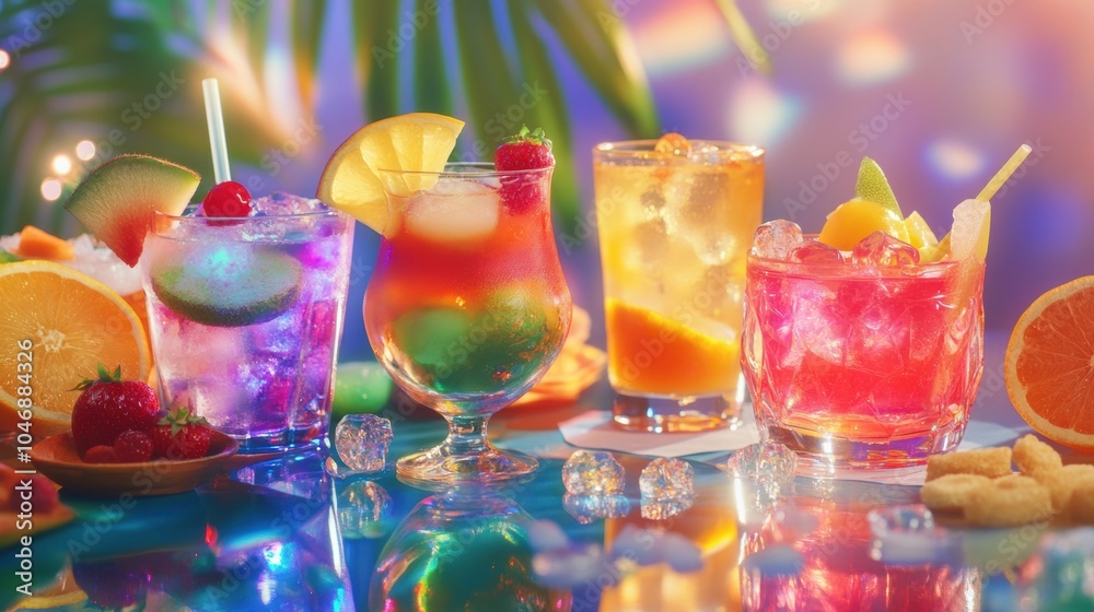 Poster delightful assortment of colorful cocktails served with fresh fruit slices and snacks, creating a li