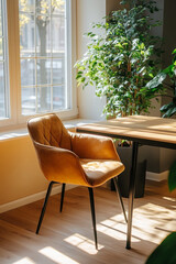 modern workspace featuring stylish brown cushioned chair beside sleek wooden table, illuminated by natural light streaming through large windows. vibrant greenery adds refreshing touch to