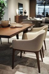 Fototapeta premium Contemporary dining table with comfortable chairs in modern interior setting, showcasing elegant design and warm tones. Perfect for stylish dining experiences