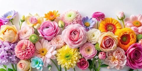 Vibrant mixed blooms in pastel shades against a soft white background, gentle, floral, flowers