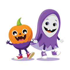 Cute Halloween Pumpkin and Ghost Characters Holding Hands