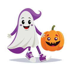 Cute Halloween ghost and pumpkin characters walking together, perfect for festive designs