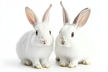 Obraz premium Two Rabbits in the Night. Adorable Isolated White Hare, Easter Animal