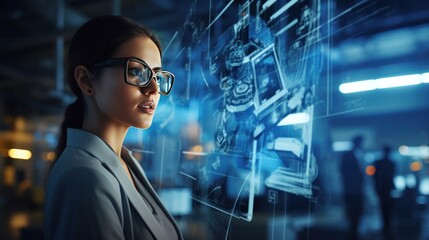 confident female engineer stands in a modern office environment, surrounded by technical blueprints and digital screens displaying complex designs