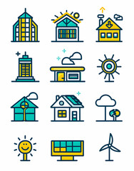 Set of 12 colorful line icons representing sustainable city elements and green living solutions, including buildings, solar panels, wind turbines, sun, clouds, and house.
