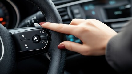 Woman's hand pressing multifunction button on car steering wheel, AI generated image