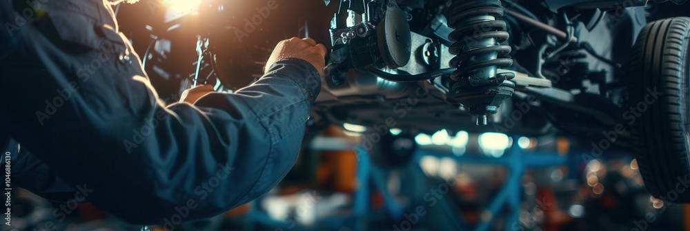 Poster a mechanic is focused on repairing a vehicle lifted on a hoist in an automotive workshop, surrounded
