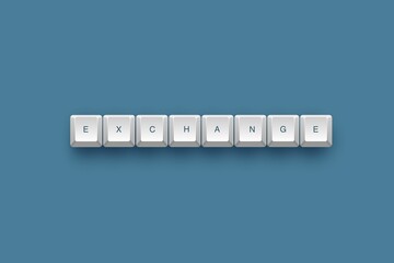 3D illustration of white keyboards with the word "exchange" on a blue background