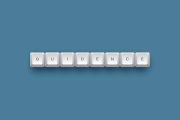 3D illustration of white keyboards with the word "guidence" on a blue background