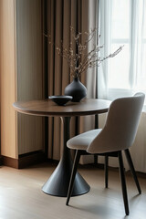 round minimalist table with sleek design is paired with upholstered chair, creating stylish and modern dining space. decorative vase with branches adds touch of elegance