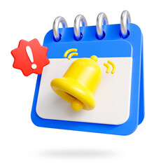 blue calendar and white attention icon on red tag, yellow bell isolated on white background,promotion and discount notification concept, 3d render	
