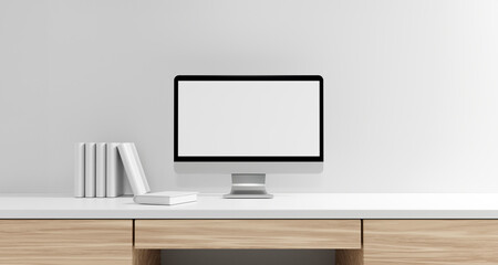 A front view of a white-screen desktop computer mockup and accessories on a wooden desk in a modern white room. private office, home office workspace. 3d render