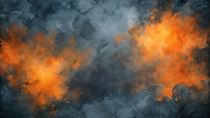 Watercolor stain background with dark gray and orange color palette, shot from high angle