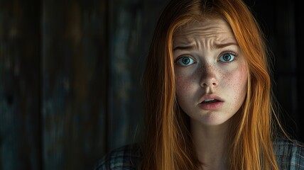 Close-up portrait of a young woman with red hair and freckles, looking startled