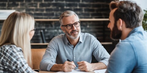 Business meeting with three professionals discussing strategies.