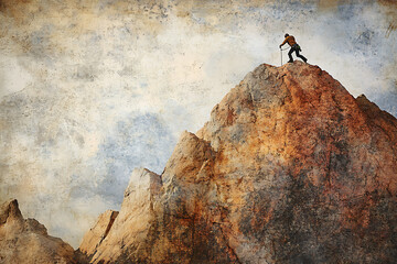 Powerful depictions of individuals overcoming challenges, featuring people climbing steep, rugged terrain or breaking through physical and metaphorical obstacles.