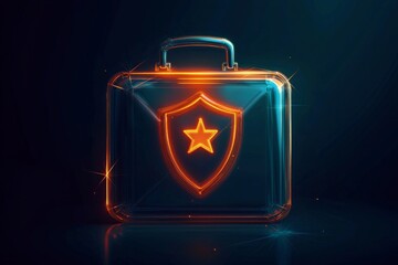 Fototapeta premium An abstract briefcase with a glowing shield and star icon above, symbolizing award-winning security. 