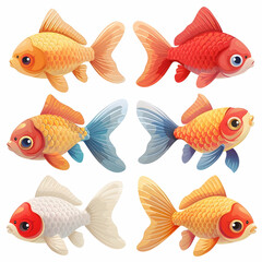 Fototapeta premium Six cartoon goldfish in different colors and poses, isolated on white background.