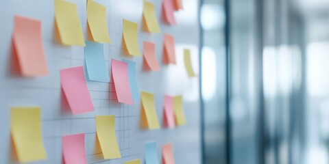 Colorful sticky notes on a board in an office environment, creative workspace ambiance.